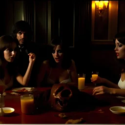 Horror movie shot, spooky, ultra realistic, distress, dine, horns, ultra realistic hot women, party, pieces of meat, creepy, organs, ail dynamic, anguish, very excited people, hypermaximalist figures, light, 1970's Italian horror movie, sinister, John Carpenter, Dario Argento, Stanley Kubrik, ornate, 4k, photorealism
