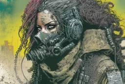 front facing full length portrait illustration of a grunge armored female with beaded dreadlock hair cyberpunk vampire mercenary with gas mask, telecommunications headset, and shemagh, highly detailed with gritty post apocalyptic textures, toxic irradiated landscape, finely detailed facial features and hair, in the graphic novel style of Bill Sienkiewicz,