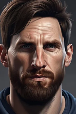 Lionel Messi, male, detailed, hyper realistic, 34 year old world-class footballer, short-cropped brown hair, well-groomed beard, Blue eyes::3 brown hair::2 head and shoulders view::3 FC Barcelona jersey::1 light stubble::3 smiling expression::2 natural daylight::3