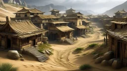 ancient, fantasy, chinese town, dune, crater, sand strom, destroyed chinese houses