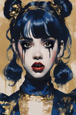 Poster in two gradually,malevolent goth vampire girl face the Singer Melanie Martinez face, painting by Yoji Shinkawa, darkblue and gold tones,
