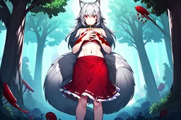 Lonely Girl, forest, gray hair, wolf ears, wolf tail, open navel, hands on chest, blushing, standing by a tree, collar on neck, very short red skirt, blood on hands, long nails, wolf hair on legs, more red eyes, glowing mushrooms on trees, big tail