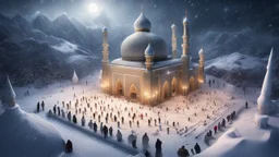 Hyper Realistic areal Photographic-aerial-view of lots-of-young-muslim-men-worshiping outside a Huge-Beautiful-Iced-Mosque-with-detailed-craft-work-on-walls & with Frozen-Iced-minarets & stone-boundary-wall on a frozen-mountain-top with heavy-snowfall-night showing dramatic & cinematic ambiance.