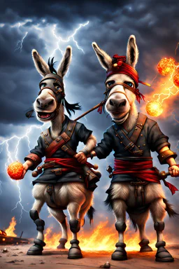 Realistic Donkey pirate and donkey ninja with thunderstorms in the background and fireballs falling from sky