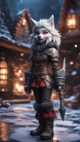 wolfs mane,moon, fluffy boots, full figure with metallic stone gauntlets holding dark jagged dagger, standing on frozen wet tiled floor outside fantasy tavern, focused female brownie vampire gnome from worms armageddon wearing makeup, bokeh like f/0.8, tilt-shift lens 8k, high detail, smooth render, down-light, unreal engine, prize winning