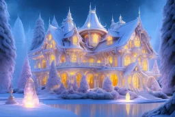 a magical crystal snow bleu gold house in the woods, white swanns,pink vertical, blue lake,sharp, vines, candlelit, endor, ornate, elegant, highly detailed, artstation, concept art, smooth, sharp focus, illustration, 8k, splash art, wallpaper, key visual