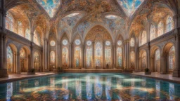 Superb symmetrical pictorial multicoloured mosaic floor, walls with pictures of bathers and swimmers, swimming pool, water feature, symmetrical cathedral style high ceiling, relaxation, luxury, dream world, calm beauty, symmetry, fantasy world, magic, beautiful symmetrical composition, exquisite detail, 135mm lens, adjust perspective, chiaroscuro, dynamic lighting