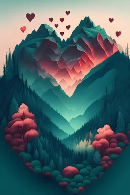 mountains and forests with hearts