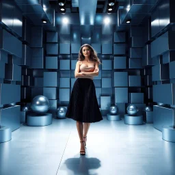 make a picture pretty stage made of metallic blue-gray teme 3d recursive cubic and sphere and cylinder base structures and a beautiful fashion model lady standing with cute in scene with sexy top and pretty pleated midi skirt ,makeup curvy long hair,dynamic camera zoom to full body and pan, dynamic lights.