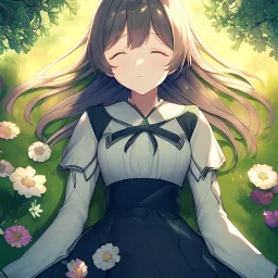 anime girl sleeping in a far away distance. field of flowers. trees are in the distance. girl is sleeping underneath a willow tree in the distance, picture is not upclose, looking at the girl who is far away in the distance