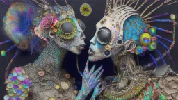 Surreal artwork entitled "Homo Consumerist licks the Bufo alvarius"; A partially skeletonized Celebrity couple on a psychedelic trip wearing clothes made out of bits and pieces of colorful garbage collected on a 5-meo-dmt trip; mixed media including thread, leather, plaid, jewels, feathers, foliage, and flowers; Neo-surrealism, psychedelic, iridescent