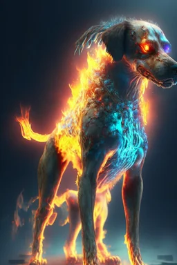 Zombie dog fire humanoid fused ,extremely detailed,crystal clear, mystical colors ,perfectly centered image, perfect composition, rim light, beautiful lighting, 8k, stunning scene, raytracing