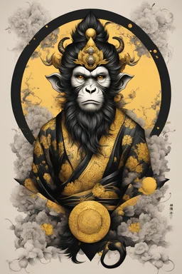 Create a captivating modern 2d black and yellow ink tattoo design for print , prestigious Monkey King using the elegant influences of japan art style, for print, dynamic elements from fashion and design, and bold Japanese contemporary art aesthetics, framing centered in the center, distanced from the edges of the paper perimeter, perfect anatomy