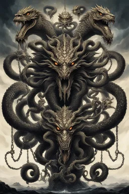 A hydra, its seven heads, each one brimming with malevolence, writhe and strain against the chains that hold them captive. Six of the heads, chained tightly, restrict the hydra's movements. But the seventh head unchained looms above the others.