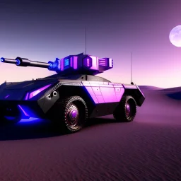 Futuristic armored tank rolling over a crater, purple sky