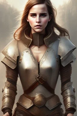 full body, emma watson identify face, leather armour , big busty , pintura, ,details,texture,8k quality, florest, Minimalism, Romanticism, Expressionism, Impressionism