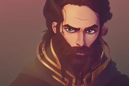 Boisterous braided long haired bearded tall man wearing gold rings and long fur trimmed merchant's coat, dark background, dynamic lighting, full body view, golden glowing eyes, medieval fantasy, monocle