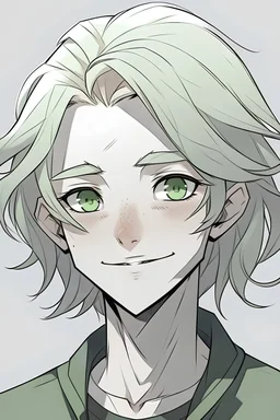 genderless blonde green eyed smirking mischievous teen, art by gabriel picolo, grey background