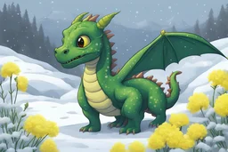 cute green dragon at the foot of the mountain. Snowing. The dragon sniffs the blooming rapeseed from under the snow.