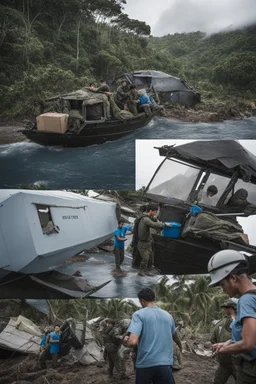 **Cinematic Art:** A war-time drama set against the backdrop of a typhoon, where a team from the World Food Programme (WFP) must deliver aid supplies to a remote island. **Appearance:** art ideas that encapsulate the essence of emergency evacuation, aid supply, and safety training in the context of hurricanes, typhoons, tornadoes, and cyclones. These ideas aim to promote vigilance regarding the preservation and protection of rights for the global public, communities, societies, and individuals,