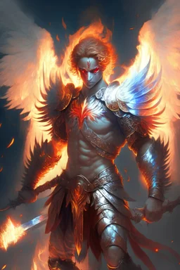 A male angel with a flaming head wearing armor and glowing eyes holding a flaming sword
