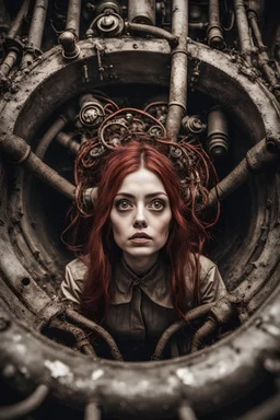 Closeup Girl with big eyes, fullbody, dieselpunk, valves extended like roots rising from the ground, the perspective looking up from the bottom of an empty well , 8k, macro photography by <John Kenn Mortensen>, darkred tones,