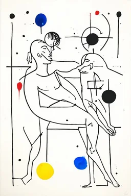 Reprezentare grafica moderna figurativa cu simboluri ,minimal art similar cu desenele lui Picasso , a unui desen facut de un autist , reprezentand statuia lui Saturn devorandu si fiul , în stilul combinat acuarelei umede a lui Joan Miro si cu filigran lineart minimal a lui Jean Cocteau cu Paleta de culori impresionista cu culori putine si tari. Fond alb si linii color subtiri si paralele, cu umbre de lumina cu hasuri incrucisate