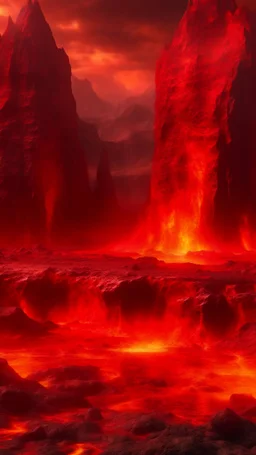 Lava lake in hell with land surrounding it, realistic close up