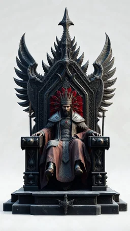 3D rendering of kris kuksi throne. A king setting on the throne, two giant guards behind the throne