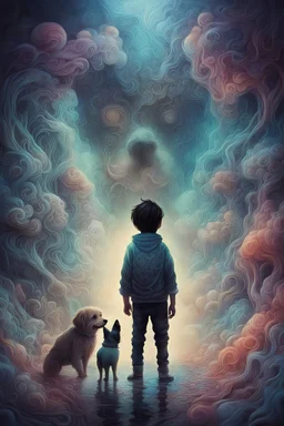 liquid otherworldly cool dreamy trippycute a boy and his dog, hi-fructose, entangled, ink, entangled, symbolic, misty, smokey, photorealistic, psychedelic, hyper realpowerful, high fantasy, epic, cinematic, internal glow, cinematic, hyperdetailed intricately detailed