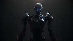 An andro-humanoid concept art robot, 4k render, Dark room aesthetic, Dark, Cold, Light coming from right, Minimal, black bg,