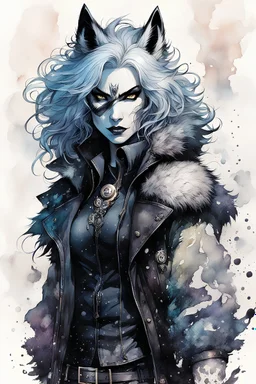 ink wash and watercolor full body concept illustration of an anthropomorphic, fanciful Arctic Wolf, goth punk thief girl character with wildly flowing hair, ornately dressed with highly detailed feathers and facial features in the comic book style of Bill Sienkiewicz and Jean Giraud Moebius, with a fine art aesthetic, highly detailed , boldly inked, 4k UHD cinegraphic quality