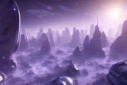 edifici futuristi con asteroidi, astronave, cristalli bianchi azzurri, sfondo blu violetto
