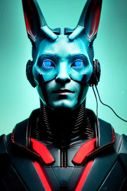 Medium Close Up Portrait, Front image. cyberpunk, rabbit mask, irish man, black hair. latex suit. blue, red, color. Ghost in the shell style. Color background, photo studio. Avatar image, highly detailed, concept art, smooth, unreal engine 5, god rays, ray tracing, RTX, lumen lighting, ultra detail, volumetric lighting, 3d, finely drawn, high definition, high resolution.