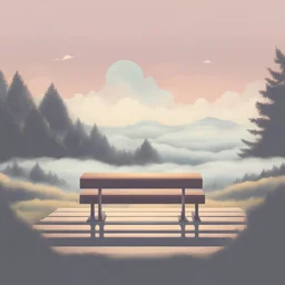 park bench in the sky above the clouds, retro pastel