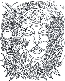 outline art for stoners coloring pages with A very simple and minimal design featuring A trippy cosmic journey through space, with planets and stars morphing into cannabis leaves, white background, sketch style, fully body, only use outline, mandala style, clean line art, white background, no shadows and clear and well outlined