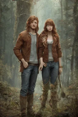 Jeune couple, visage hyper détaillé, réaliste. Forêt fantaisiste détaillée,paysage magnifique, Fille rousse aux cheveux raides et longs, garçon grand, musclé très longs cheveux bruns très bouclés. Fille jean pull, garçon tenue de bûcheron.