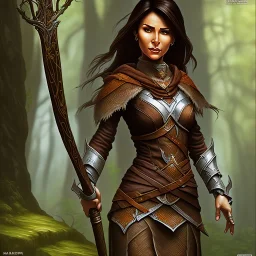 dungeons and dragons, female wood elf, druid, brown hair, brown eyes, full body, realistic face, short hair, large nose, closed mouth, leather armor, dark skin, one person, blue scarf