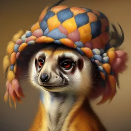 Imagine an anthropomorphic meerkat with a harlequin hat ,by Judith Leyster. in the style of August Macke, John Blanche. Modifiers: oil on canvas vibrant imperial colors hyperrealistic ultra detailed crisp quality whimsical muted colors Decadent 64K, UHD, HDR, HQ anthropomorphic face dark, gloomy, mysterious ©Miwi metallic bronze accents