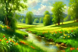 krajobraz łąka las strumień lato malowany farbami olejnymi