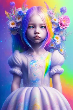 a little girl, profile, sumetric eyes, blue hair, colorful, watercolor splash, white dress, rainbow flowers, in the style of Camilla d'Errico, hyper detailed, beautiful, complex, trending on artstation, cryengine, national geographic photo, chiaroscuro