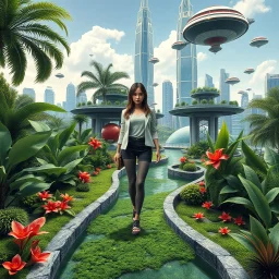 Highly detailed and intricate 3D fractal recursive art, featuring a single young woman/girl wearing fashionable modern clothing, walking directly towards the camera through a lush, futuristic villa garden. The garden is part of a larger technologically-advanced city, with towering skyscrapers and floating vehicles visible in the background. The garden itself is a verdant oasis, with exotic flora, flowing water features, and a seamless integration of natural and artificial elements. Holographic