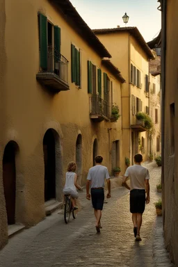 A realistic photo of a small Toscany town in late spring, a pair of inamorato young people on the street, early evening, last shines of sun in Henri Cartier-Bresson style