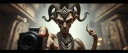nephilim ai meat grinder camera meetup selfie smart transcendent innocent little humanoid shiva dhalsim with big serpent hairdo pointing at camera