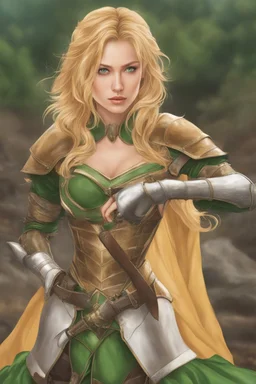 A beautiful woman with blond hair and green eyes. Knight, leather armor.