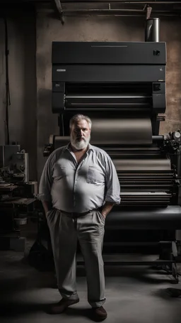 full figure shot photography of an italian strong massive big chubby 50 year old man in opened gray trousers, manly chest, unbuttoned shirt, short beard, shirtless, printer in an old printing house, next to a huge old printer, dim light, side light, ambient occlusion