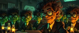 high class realism, in the style of fallout 4, A close up portrait of one person in group of mutated with hairy wigs glowing, cartoonish uranium creatures in a dimly lit boardroom, wearing tiny suits and glasses, with playful but slightly mischievous expressions. Their bodies emit a soft greenish glow. The room is filled with scattered papers, glowing vials, and miniature nuclear reactors. Style: whimsical digital illustration, cinematic lighting, colorful, slightly exaggerated features