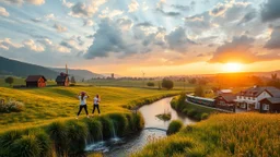 a group of young ladies in sports pants and blouse are dancing to camera in village over high grassy hills,a small fall and river and wild flowers at river sides, trees houses ,next to Ripe wheat ready for harvest farm,windmill ,a pretty train is passistation along river,a few village local shops ,cloudy sun set sky