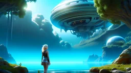 futuristic floating island suspended in the air, cities, fantasy, A woman with blond hair in a robotic silver catsuit, standing on the right of a partially submerged sleek crashed spaceship, on an alien beach, with towering alien trees, high details