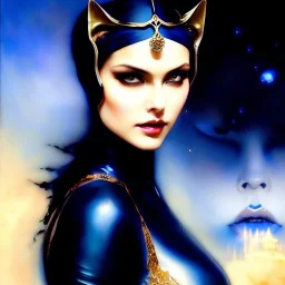 Drawing of beautiful face,busty CatWoman,intense stare,Minimal ancient armor, balanciaga fashion clothe painting by gaston bussiere, greg rutkowski, yoji shinkawa, yoshitaka amano, tsutomu nihei, donato giancola, tim hildebrandt, oil on canvas, cinematic composition, extreme detail,fit full head inside picture,16k